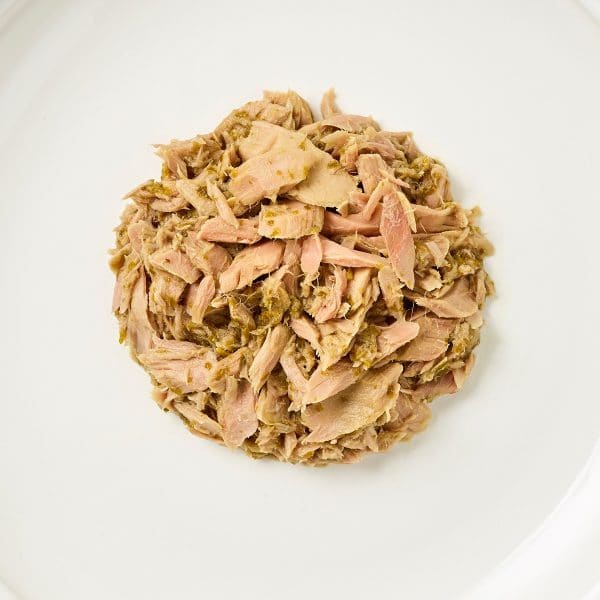 Aerial image of Reveal tuna cat food with seaweed on plate