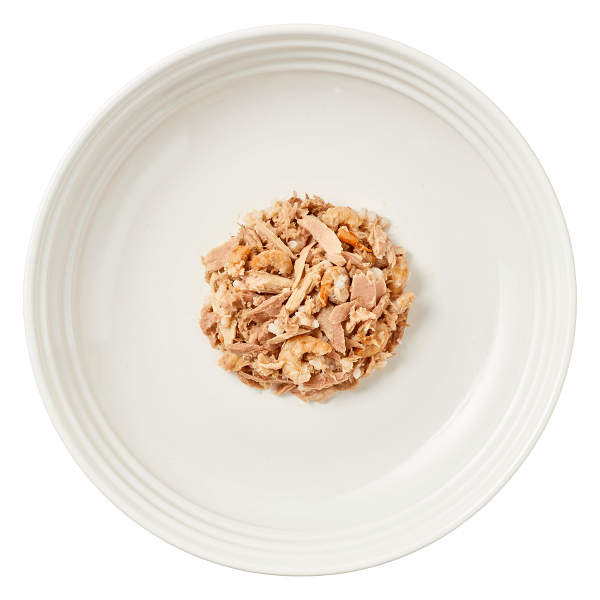 Isolated aerial image of Reveal tuna cat food with shrimp