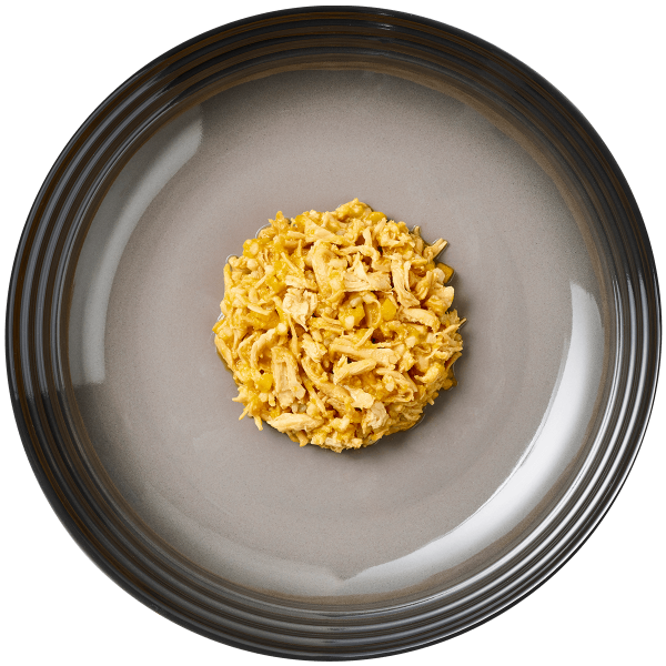 Isolated aerial image of Reveal Chicken cat food with pumpkin on a plate