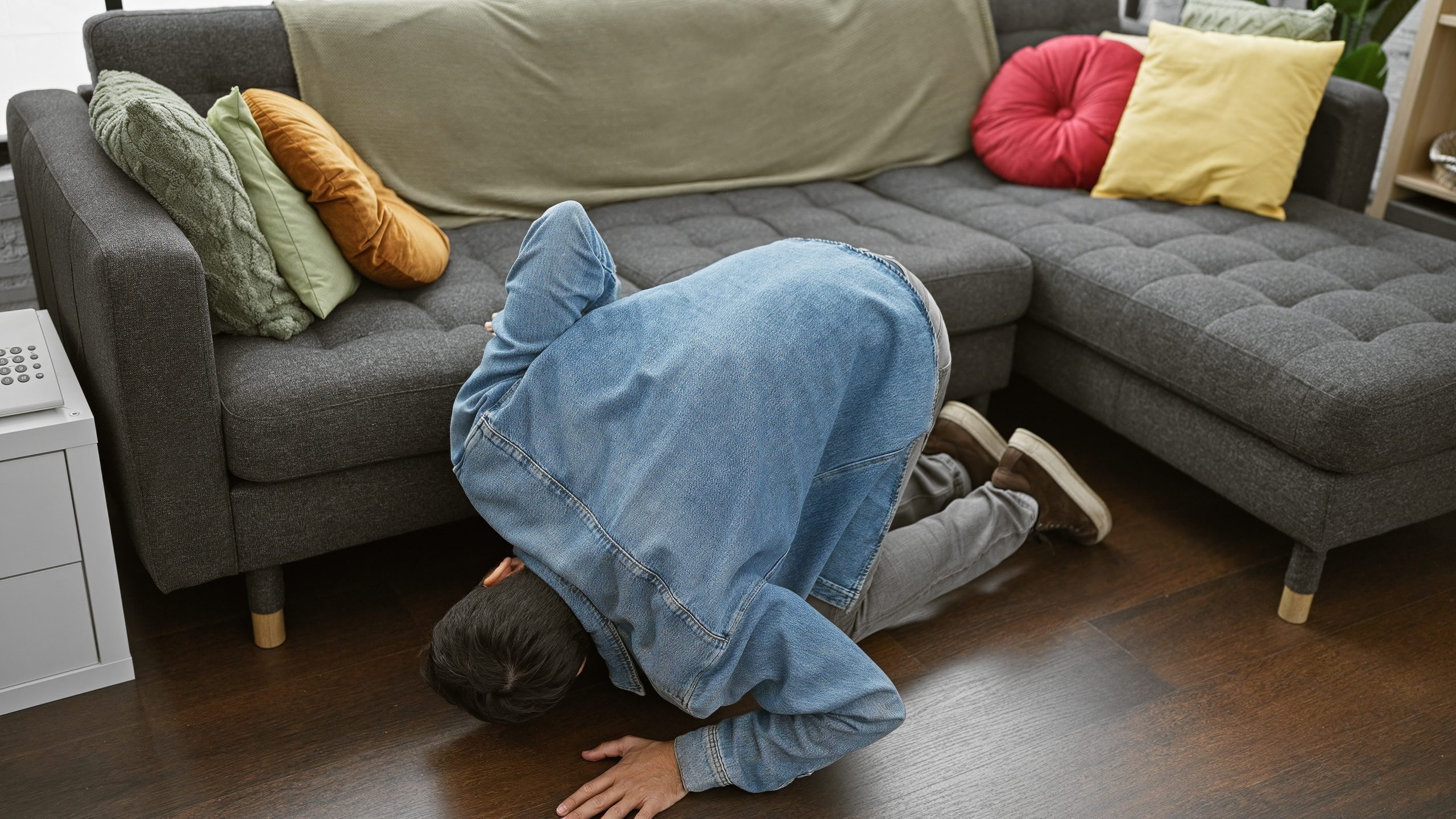 person looking under the couch